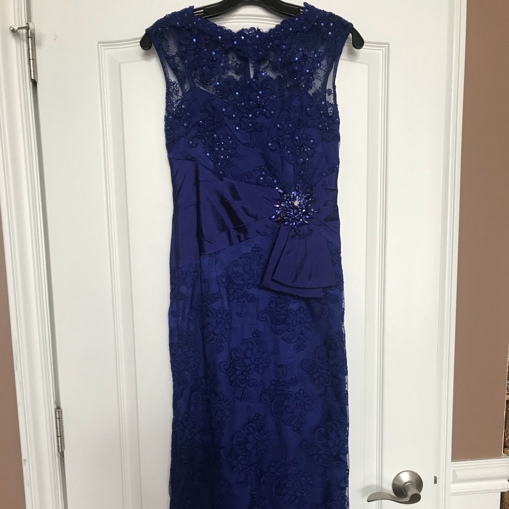 Teri Jon royal blue lace evening gown.